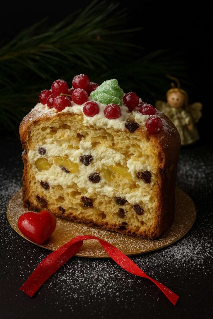 una fetta di panettone farcito con ricotta